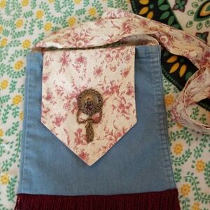 Handmade Floral Denim Crossbody Bag with Burgundy Fringe